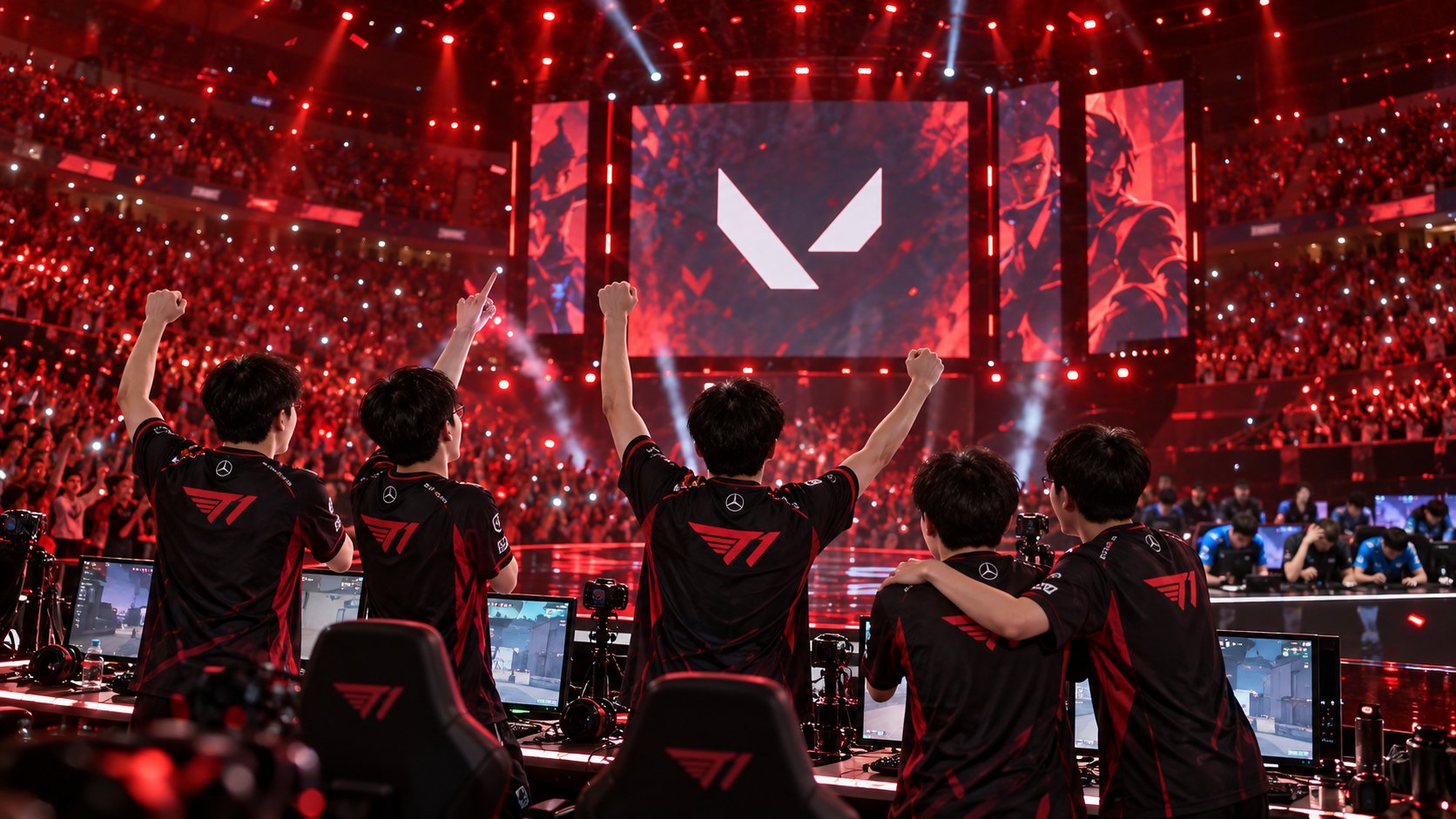 Ilustración editorial generada con IA: jugadores de T1 con camisetas rojas y negras celebran de espaldas con los brazos en alto sobre el escenario de VALORANT Champions en Shanghái, con el logo de VALORANT en la pantalla gigante; no es una fotografía del partido.
