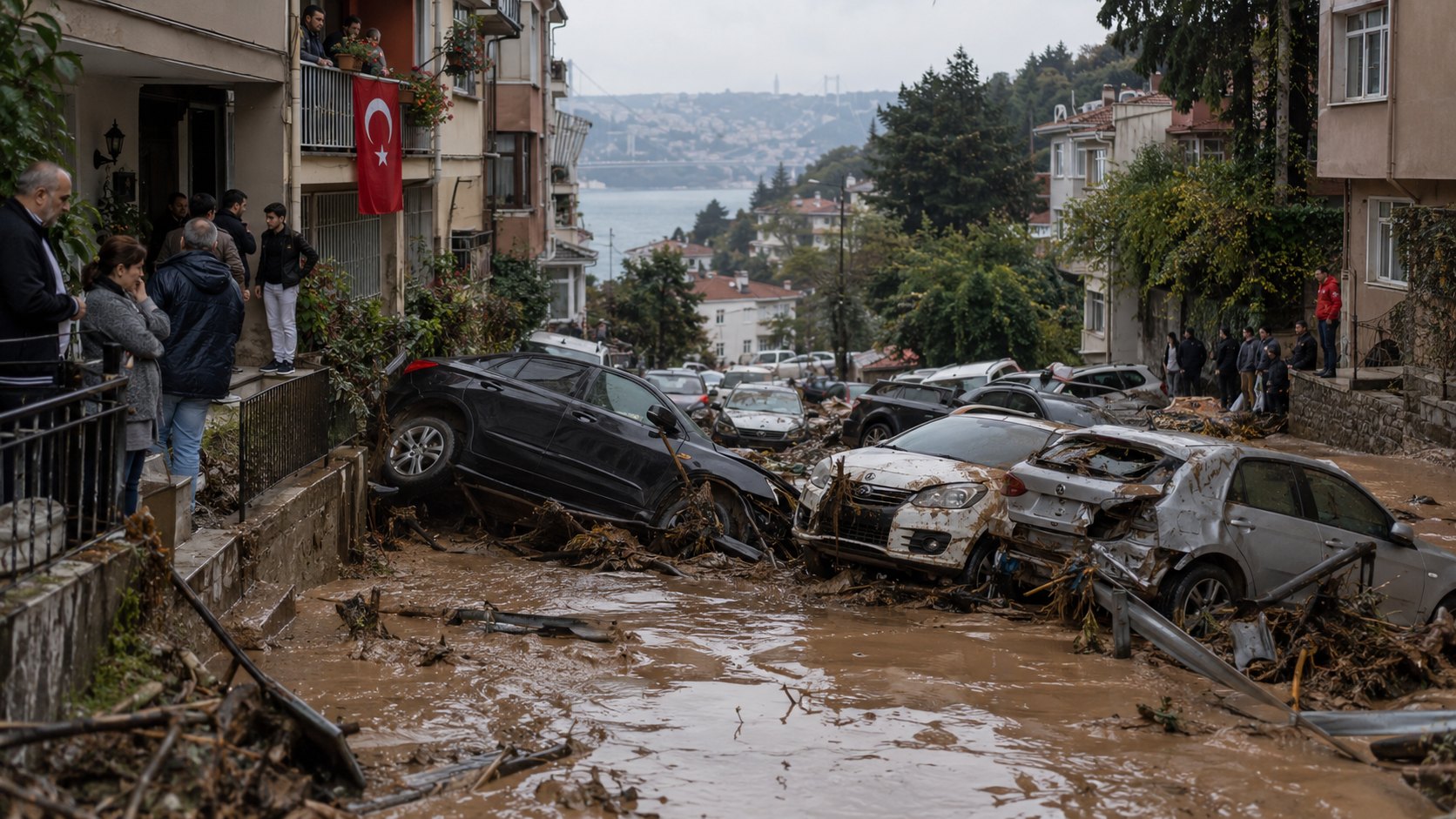 Ilustración editorial generada con IA: una calle de un barrio de Estambul cubierta de agua marrón y barro, con autos arrastrados y amontonados por la corriente y vecinos que observan desde la vereda; composición conceptual, no es una fotografía de las inundaciones reales.