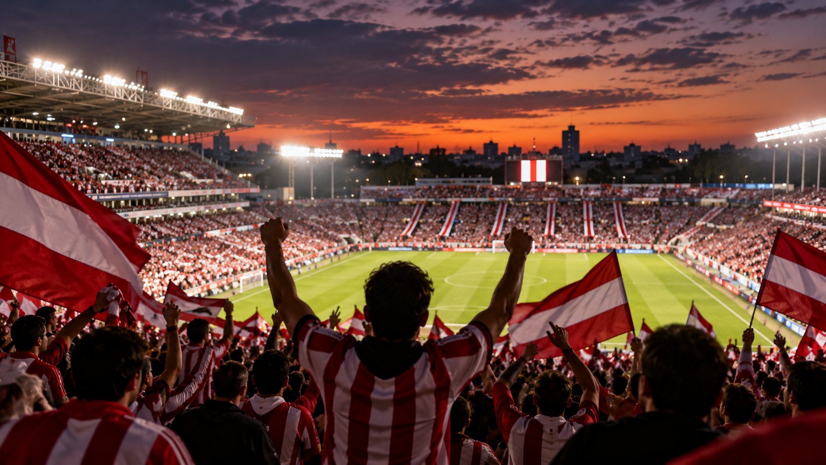 Ilustración editorial generada con IA: hinchas de Estudiantes de La Plata de espaldas, con camisetas a bastones rojos y blancos y banderas rojiblancas, celebrando en una tribuna iluminada al anochecer; composición conceptual, no es una fotografía de un partido identificado.