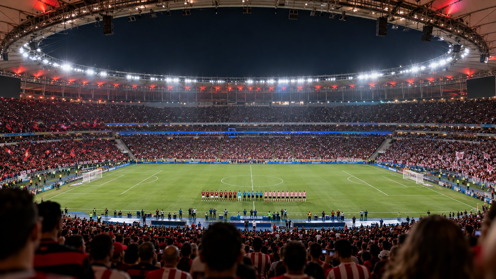 Ilustración editorial generada con IA: vista nocturna desde la tribuna alta de un estadio colmado e iluminado con techo anular, con dos equipos formados en el centro del campo, uno con camiseta a bastones rojos y blancos y otro con franjas rojas y negras; composición conceptual, no es una fotografía del partido ni representa a jugadores reales.