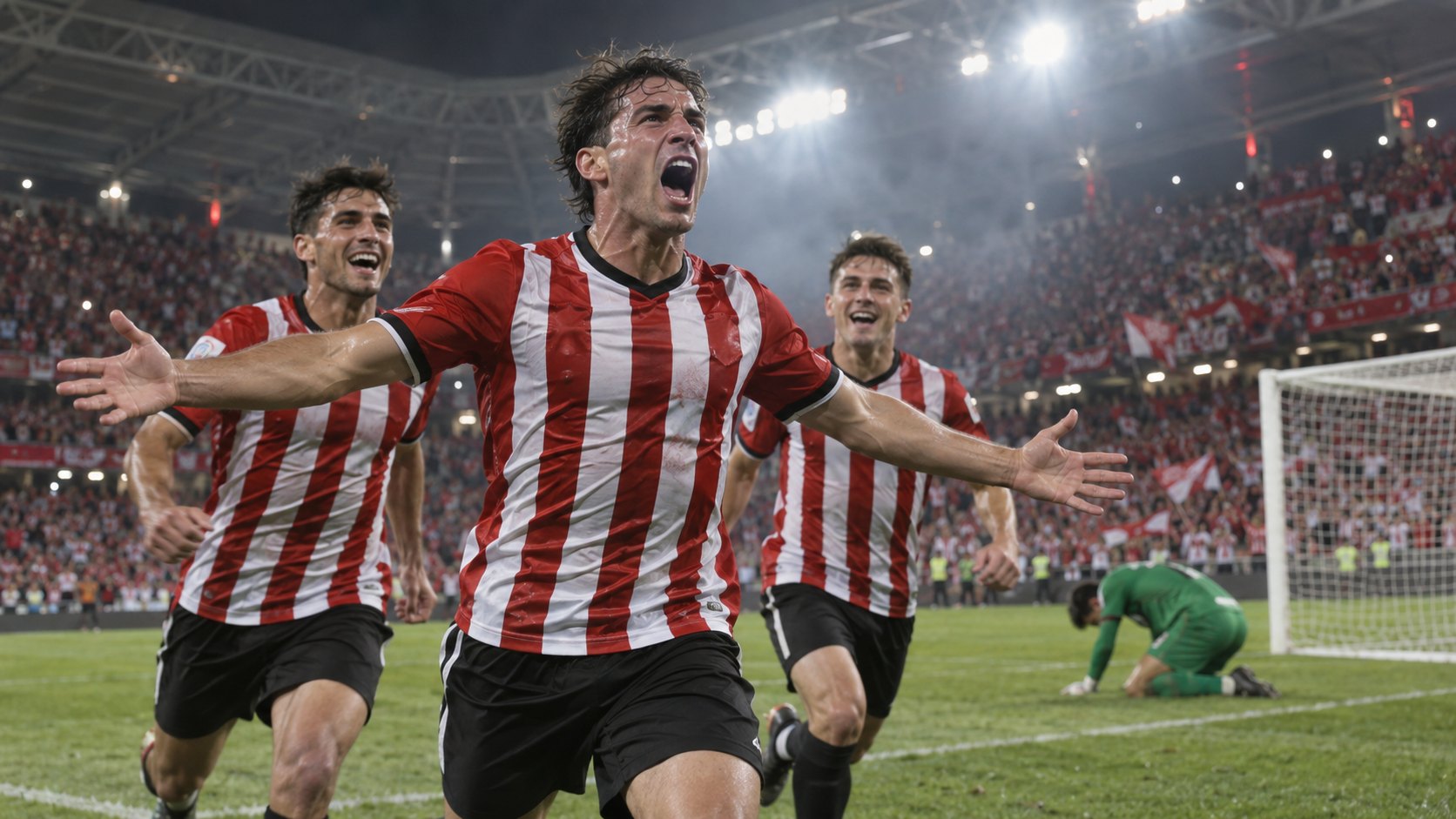Ilustración editorial generada con IA: de noche, en un estadio techado con tribunas llenas de hinchas de rojo y blanco, un futbolista con la camiseta a rayas rojas y blancas de Estudiantes festeja un gol con los brazos abiertos mientras dos compañeros corren a abrazarlo y, al fondo, el arquero rival queda en el piso; no es una fotografía del partido ni representa a jugadores reales.