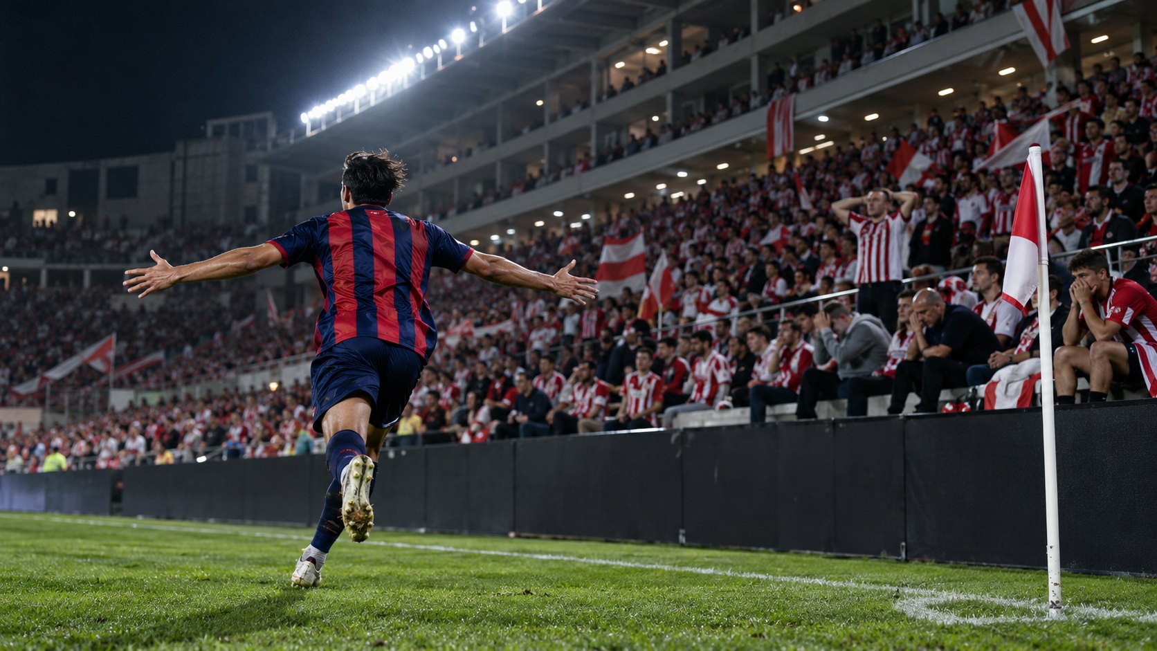 Ilustración editorial generada con IA: de noche, con las luces del estadio encendidas, un futbolista con camiseta a bastones azules y rojos festeja con los brazos abiertos junto al banderín del córner, frente a una tribuna colmada de hinchas con camisetas y banderas rojas y blancas; no es una fotografía del partido ni representa a jugadores reales.