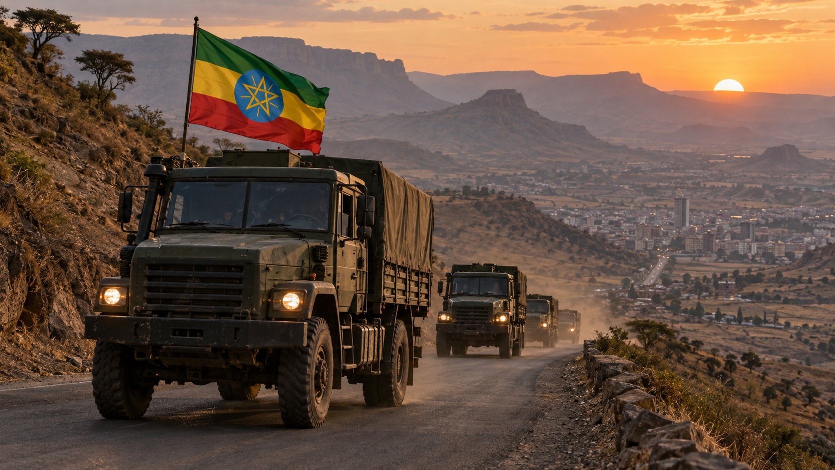 Ilustración editorial generada con IA: una columna de camiones militares verde oliva con la bandera de Etiopía avanza por una ruta de montaña de las tierras altas de Tigray hacia una ciudad en el valle, al atardecer; composición conceptual, no es una fotografía de la toma de Mekelle ni de tropas reales.