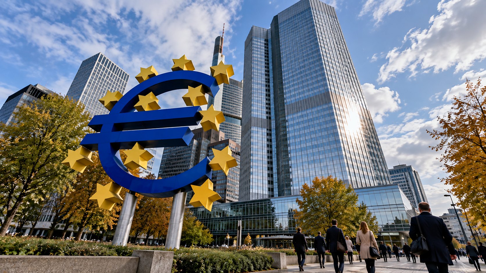 Ilustración editorial generada con IA: una escultura del símbolo del euro rodeada de estrellas amarillas frente a la torre de vidrio de la sede del Banco Central Europeo en Fráncfort, en un día de otoño, con peatones de espaldas; composición conceptual, no es una fotografía documental.