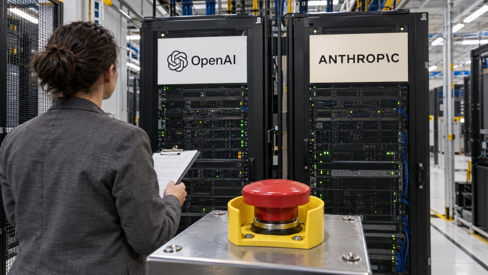 Ilustración editorial generada con IA: un botón rojo de parada de emergencia en primer plano y, detrás, racks de servidores con los logos de OpenAI y Anthropic observados por un auditor; composición conceptual, no es una fotografía de instalaciones reales ni de los autores del informe.