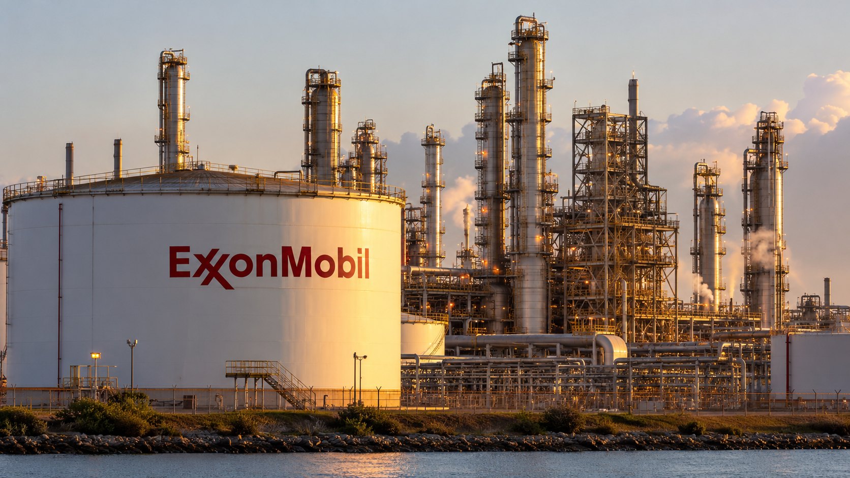 Ilustración editorial generada con IA: un tanque de almacenamiento blanco con el logo de ExxonMobil frente a las torres de destilación y cañerías de una refinería en la costa del Golfo de Texas, a la luz de la tarde; composición conceptual, no es una fotografía de una planta identificada.