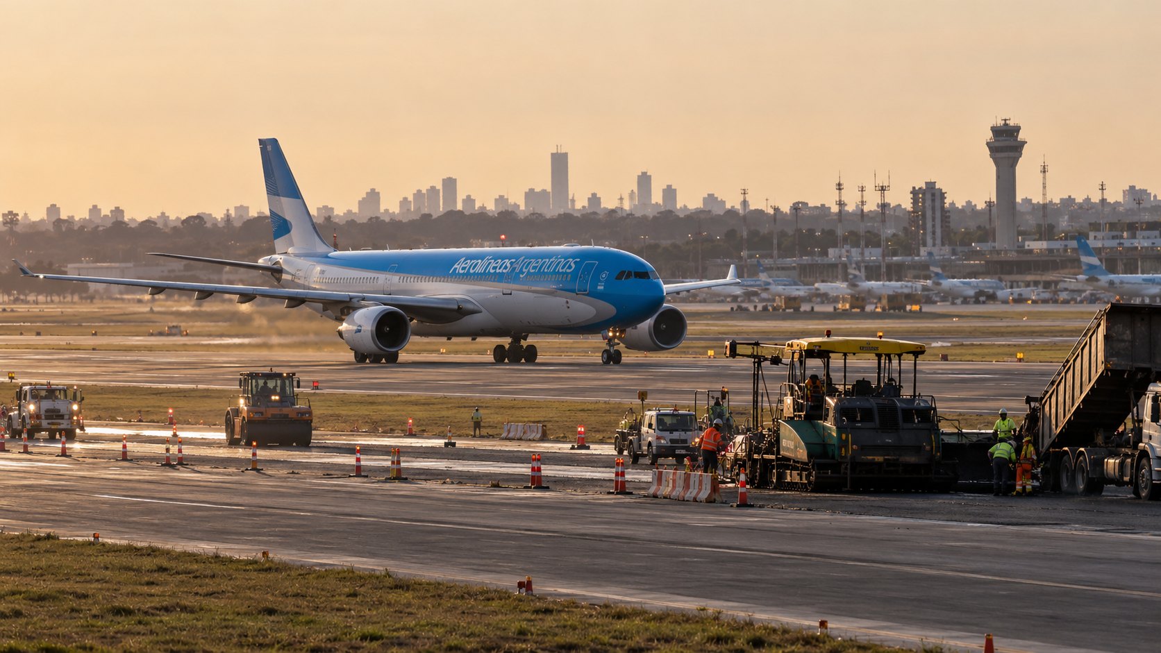 Ilustración editorial generada con IA: un Airbus A330 de Aerolíneas Argentinas rueda al atardecer por una pista de Ezeiza mientras, en primer plano, máquinas de repavimentación, camiones y operarios con chaleco trabajan detrás de una hilera de conos naranjas; composición conceptual, no es una fotografía de las obras reales.