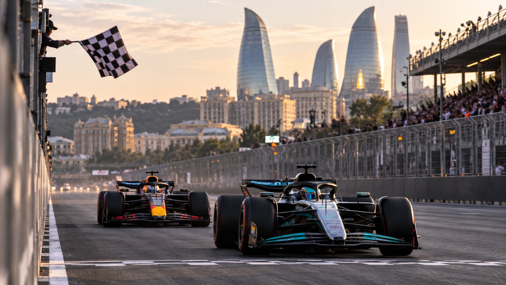 Ilustración editorial generada con IA: un monoplaza Mercedes de Fórmula 1 cruza la meta en la recta del circuito urbano de Bakú, con un Red Bull muy cerca detrás, una bandera a cuadros y las Flame Towers al fondo; no es una fotografía de la carrera.