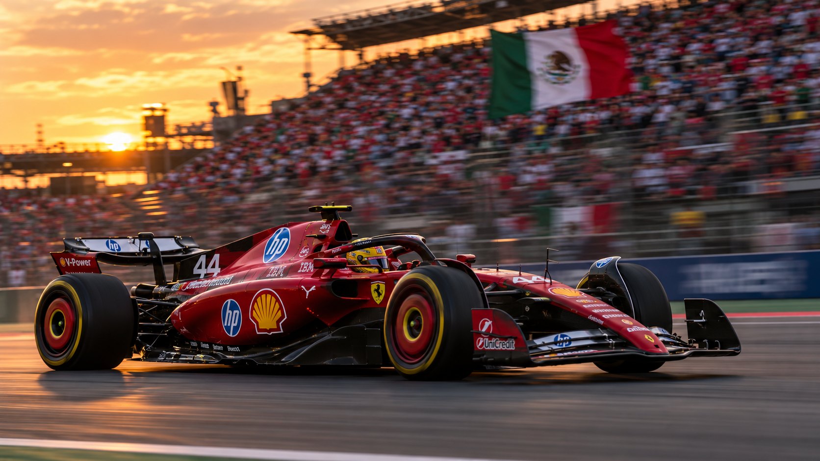 Ilustración editorial generada con IA: la Ferrari roja número 44 a toda velocidad frente a las tribunas colmadas del Autódromo Hermanos Rodríguez al atardecer, con una gran bandera de México al fondo; composición conceptual, no es una fotografía de la vuelta de pole de Hamilton.