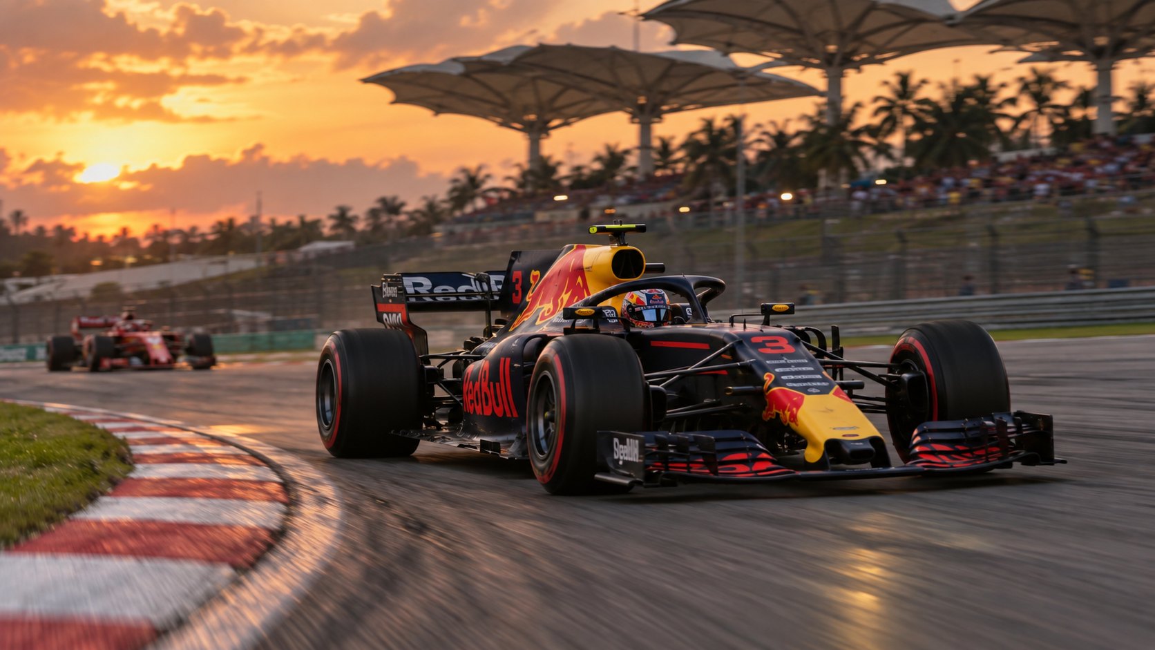 Ilustración editorial generada con IA: un Red Bull de Fórmula 1 azul oscuro con el número 3 sale de una curva del circuito de Sepang al atardecer, seguido a distancia por un Ferrari rojo, con las tribunas de techo en forma de hojas y palmeras al fondo; no es una fotografía de la sesión.