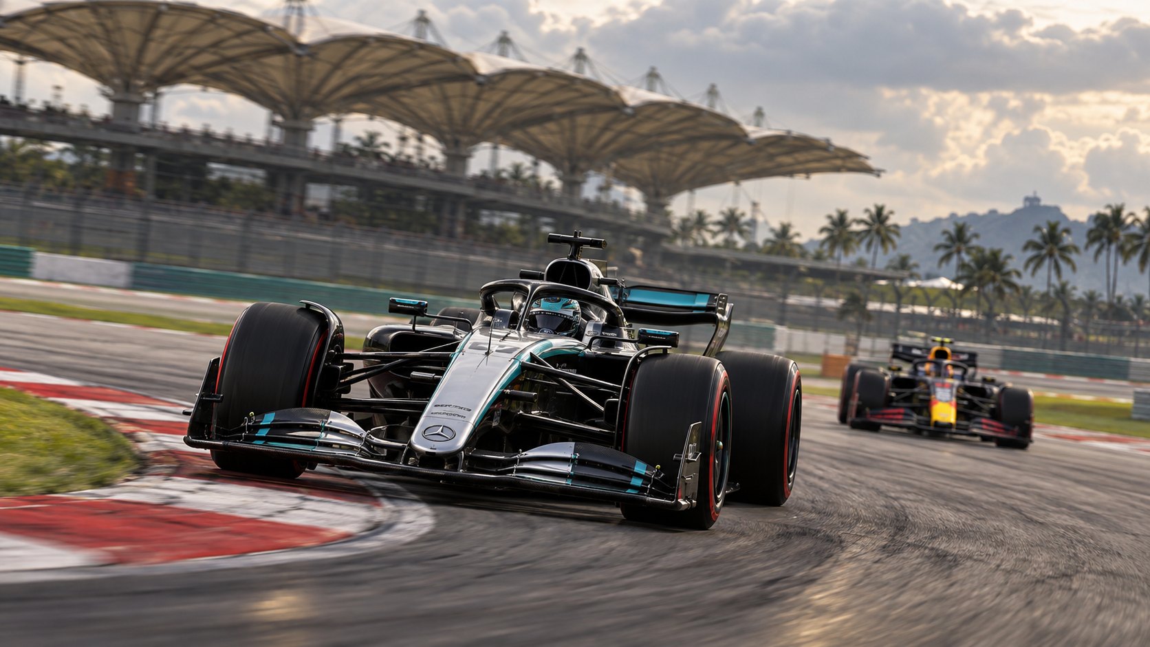 Ilustración editorial generada con IA: un Mercedes plateado y negro de Fórmula 1 con neumáticos blandos toma una curva del circuito de Sepang, seguido a distancia por un Red Bull, con las tribunas de techo en forma de hojas y palmeras al fondo; no es una fotografía de la sesión.