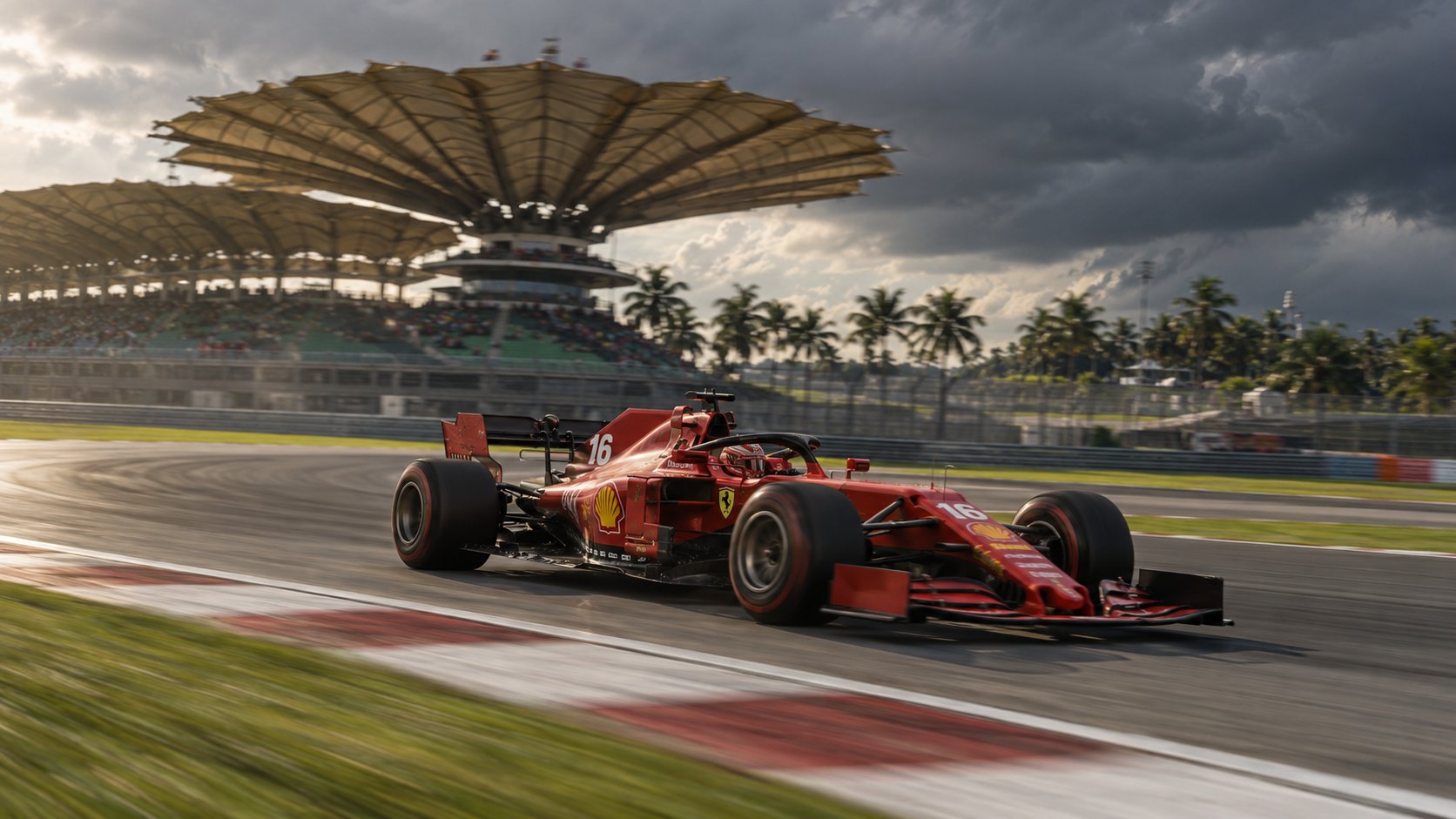 Ilustración editorial generada con IA: un Ferrari rojo de Fórmula 1 con el número 16 toma una curva del circuito de Sepang, con la tribuna principal de techo en forma de hojas, palmeras y nubes de tormenta al fondo; no es una fotografía de la sesión.