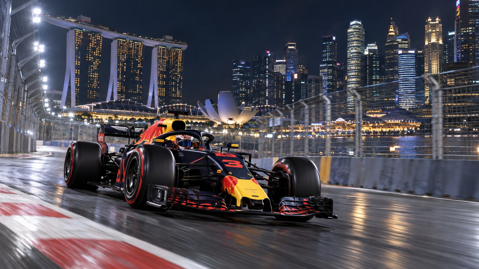 Ilustración editorial generada con IA: un Red Bull de Fórmula 1 con el número 3 en carrera de noche por el circuito callejero de Marina Bay, con el Marina Bay Sands y los rascacielos de Singapur iluminados al fondo; no es una fotografía de la carrera.