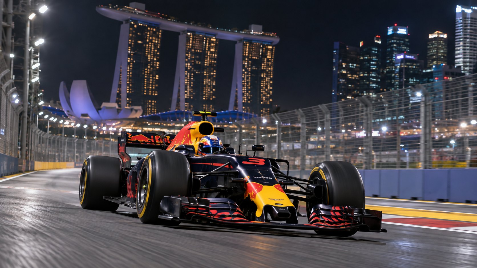 Ilustración editorial generada con IA: un Red Bull de Fórmula 1 azul oscuro con el número 3 en una vuelta rápida de noche en el circuito callejero de Marina Bay, con el Marina Bay Sands y los rascacielos de Singapur iluminados al fondo; no es una fotografía de la clasificación.
