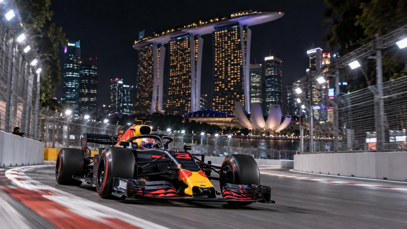 Ilustración editorial generada con IA: un Red Bull de Fórmula 1 azul oscuro con el número 3 acelera de noche en el circuito callejero de Marina Bay, con el Marina Bay Sands y los rascacielos de Singapur iluminados al fondo; no es una fotografía de la sesión.