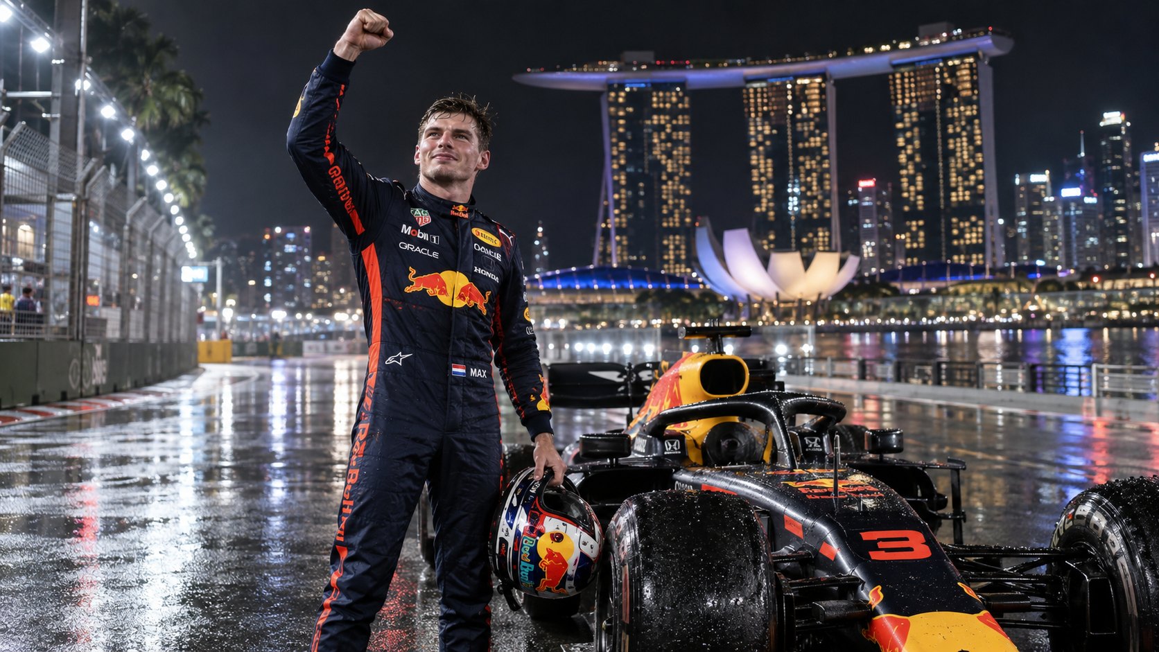 Ilustración editorial generada con IA: Max Verstappen, con el buzo de Red Bull, festeja con el puño en alto junto a su Red Bull número 3 sobre la pista mojada de Marina Bay, de noche, con el Marina Bay Sands al fondo; no es una fotografía de la carrera.