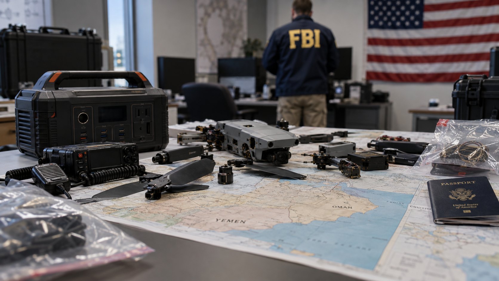 Ilustración editorial generada con IA: una mesa de evidencias con piezas de un dron desarmado, un generador solar portátil, un equipo de radio, bolsas de evidencia y un pasaporte estadounidense sobre un mapa de Yemen y Omán, con un agente del FBI de espaldas y una bandera de Estados Unidos al fondo; composición conceptual, no es una fotografía de las pruebas del caso.