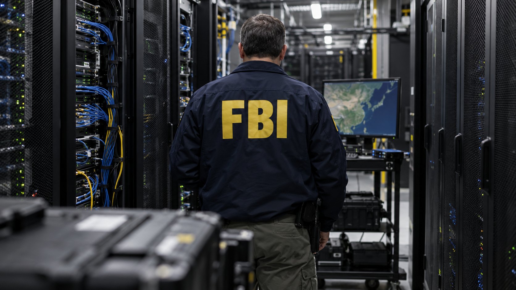 Ilustración editorial generada con IA: un agente de espaldas con la campera azul del FBI recorre un pasillo de racks de servidores en un centro de datos, frente a un monitor con un mapa de Asia Oriental; composición conceptual, no es una fotografía de la incautación.