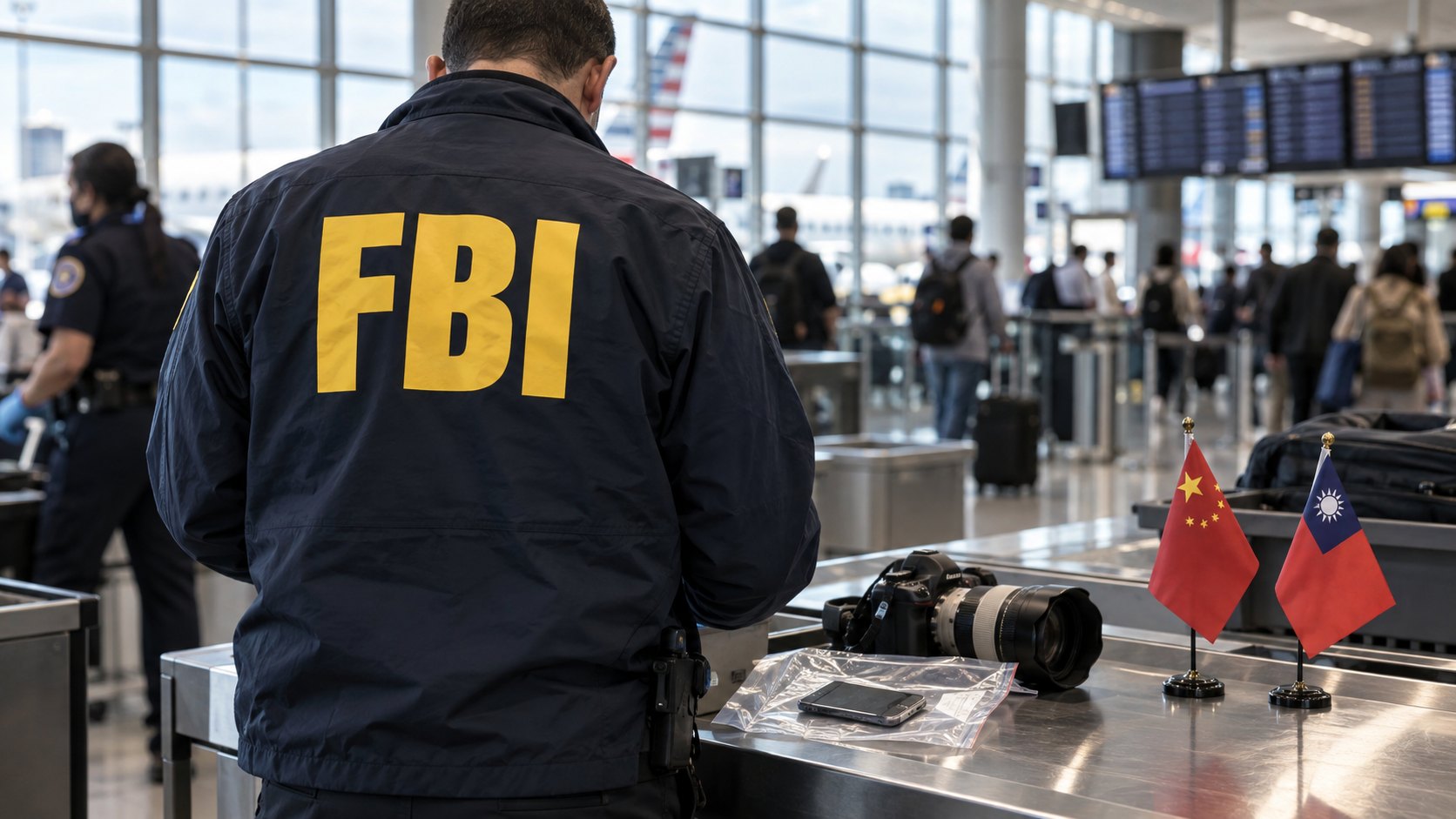 Ilustración editorial generada con IA: de espaldas, un agente con campera azul con la sigla FBI junto a una mesa de inspección en una terminal de aeropuerto, con una cámara con teleobjetivo, un teléfono en una bolsa de evidencia y pequeñas banderas de China y de Taiwán; composición conceptual, no es una fotografía de la detención ni de personas reales.
