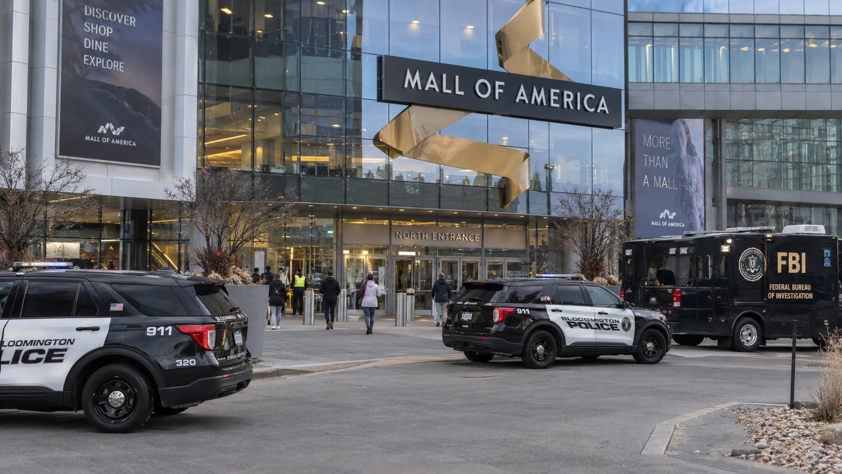 Ilustración editorial generada con IA: exterior del Mall of America en Bloomington, Minnesota, con patrulleros de la policía de Bloomington y una camioneta del FBI estacionados frente a una entrada; composición conceptual, no es una fotografía del operativo.