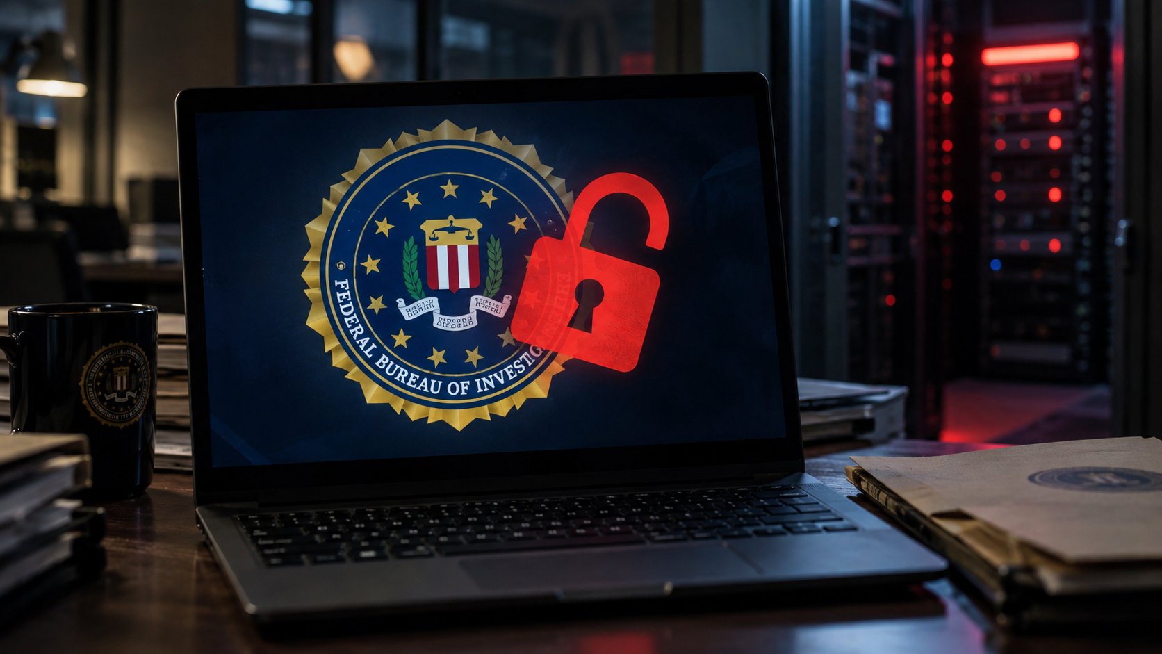 Ilustración editorial generada con IA: el sello del FBI en una computadora con una alerta de seguridad junto a un rack de servidores; no es una imagen del incidente ni de instalaciones del FBI.