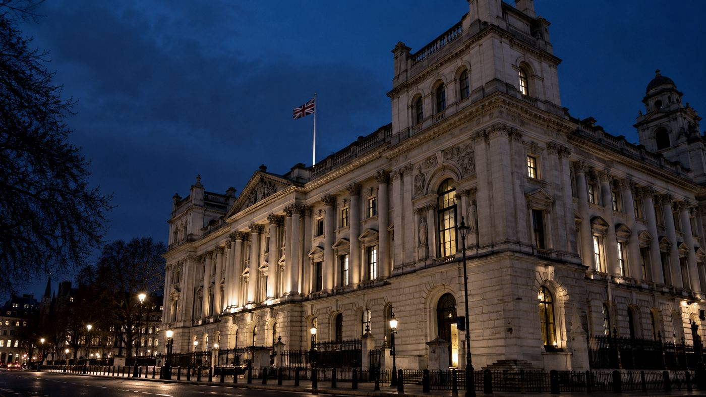 Fachada iluminada de noche del edificio del Foreign, Commonwealth and Development Office en Whitehall, Londres, con la bandera del Reino Unido