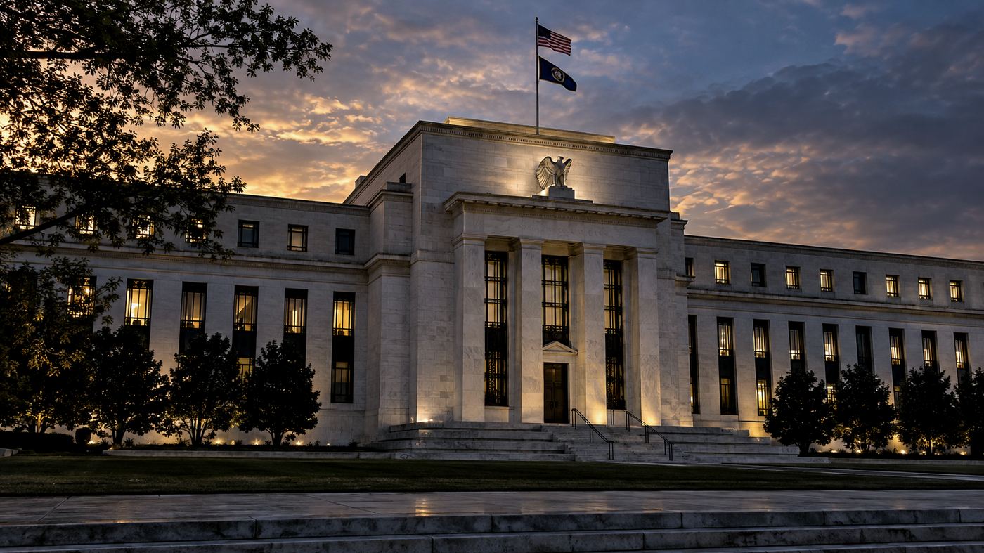 Fachada iluminada del edificio Marriner S. Eccles de la Reserva Federal de Estados Unidos en Washington DC, fotografiada al atardecer