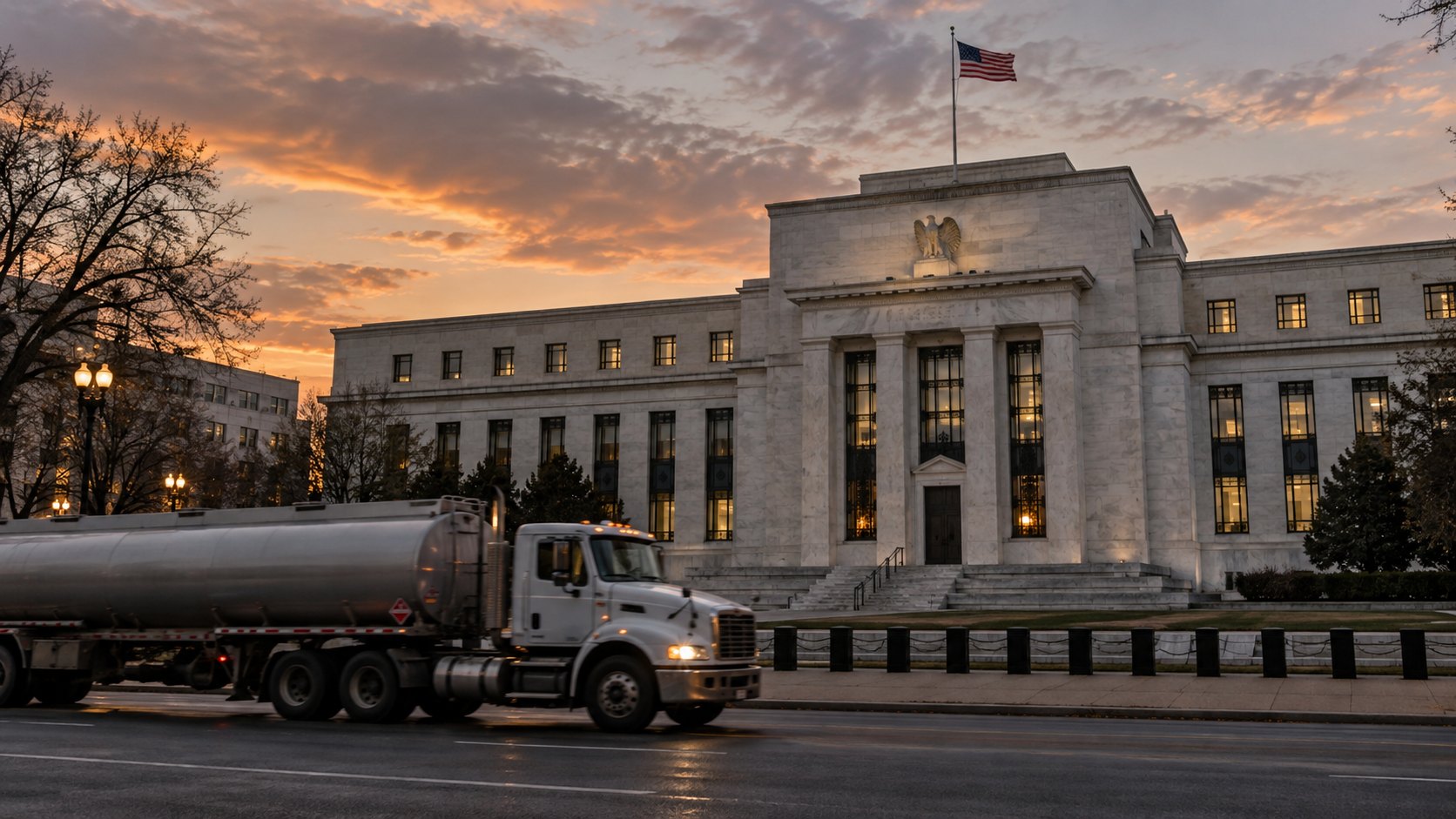 Ilustración editorial generada con IA: el edificio Marriner S. Eccles, sede de la Reserva Federal en Washington, al atardecer con la bandera de Estados Unidos, y un camión cisterna de combustible que pasa por la avenida; composición conceptual, no es una fotografía documental.