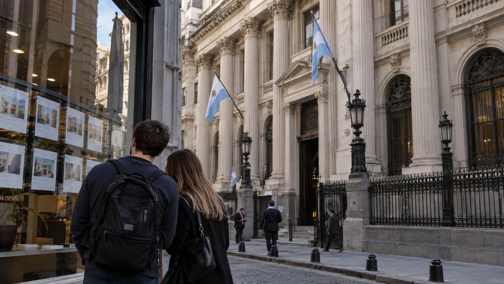 Ilustración editorial generada con IA: la fachada neoclásica del Banco Central de la República Argentina en el microcentro porteño, con banderas argentinas, y una pareja de espaldas frente a las vidrieras de una inmobiliaria con avisos de departamentos; composición conceptual, no es una fotografía real.