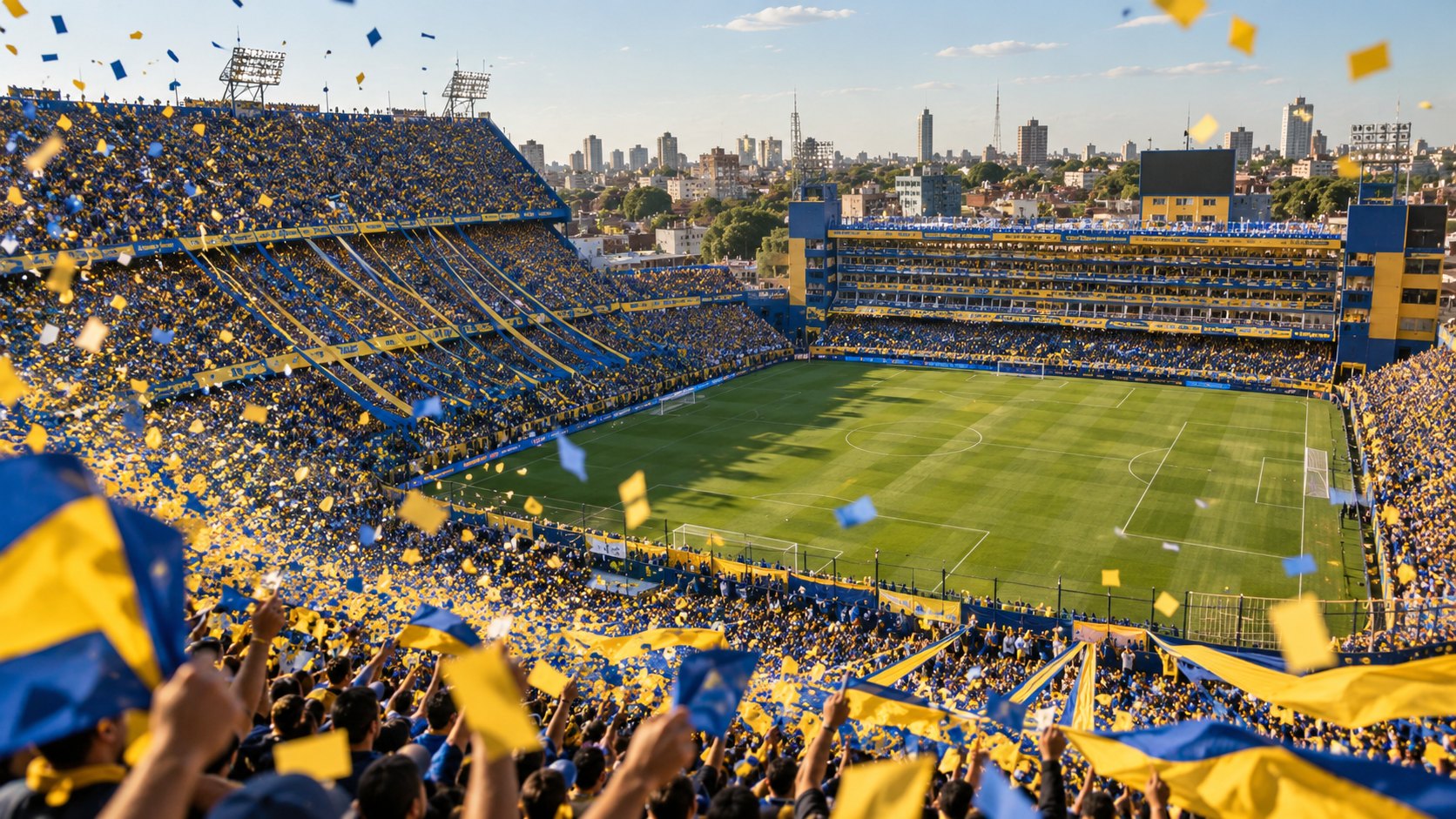 Ilustración editorial generada con IA: la Bombonera colmada de hinchas de Boca con papelitos azules y amarillos antes de un partido; no es una fotografía del Superclásico.