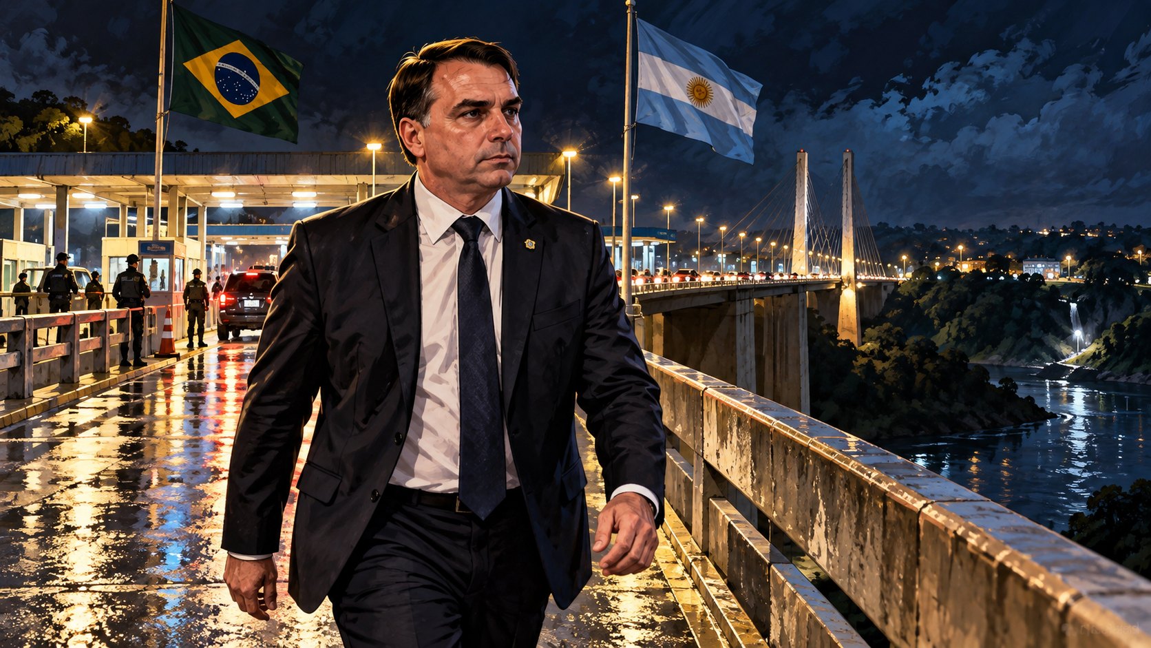Ilustración editorial generada con IA: Flávio Bolsonaro camina de noche por un puente fronterizo con un puesto de control iluminado y las banderas de Brasil y de la Argentina; composición conceptual, no es una fotografía del cruce del 27 de octubre.