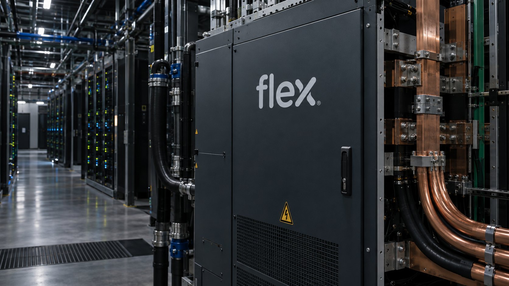Ilustración editorial generada con IA: un gabinete de distribución de energía gris oscuro con el logo de Flex junto a barras y cables de cobre, al costado de un pasillo de racks de servidores en un centro de datos; composición conceptual, no es una fotografía de una instalación real de Flex o Axiom.
