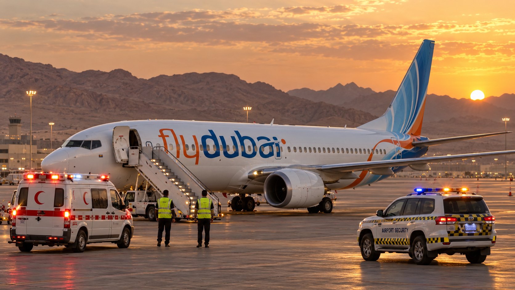 Ilustración editorial generada con IA: un Boeing 737 con la librea de flydubai estacionado al atardecer en la plataforma de un aeropuerto del desierto saudita, con la escalera en la puerta delantera, una ambulancia y un vehículo de seguridad aeroportuaria con luces encendidas y dos operarios con chalecos de espaldas; composición conceptual, no es una fotografía del avión ni del aeropuerto de Tabuk.