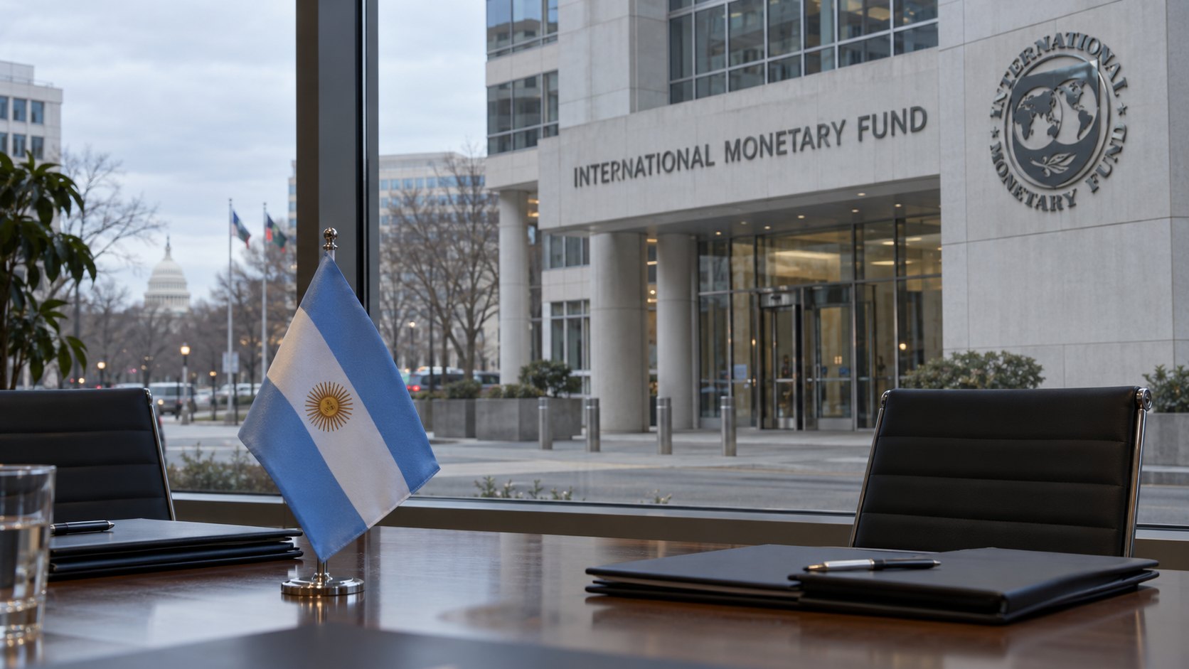 Ilustración editorial generada con IA: la fachada de la sede del Fondo Monetario Internacional en Washington con su logo y, en primer plano, una bandera argentina sobre una mesa de reuniones con carpetas; composición conceptual, no es una fotografía documental.