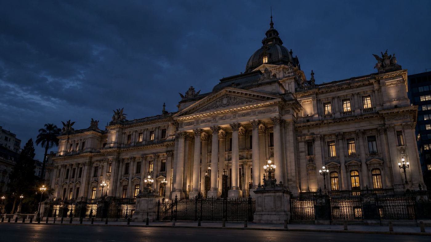 Fachada iluminada de un palacio de gobierno de estilo clásico en Buenos Aires, con columnas de piedra, fotografiada al anochecer