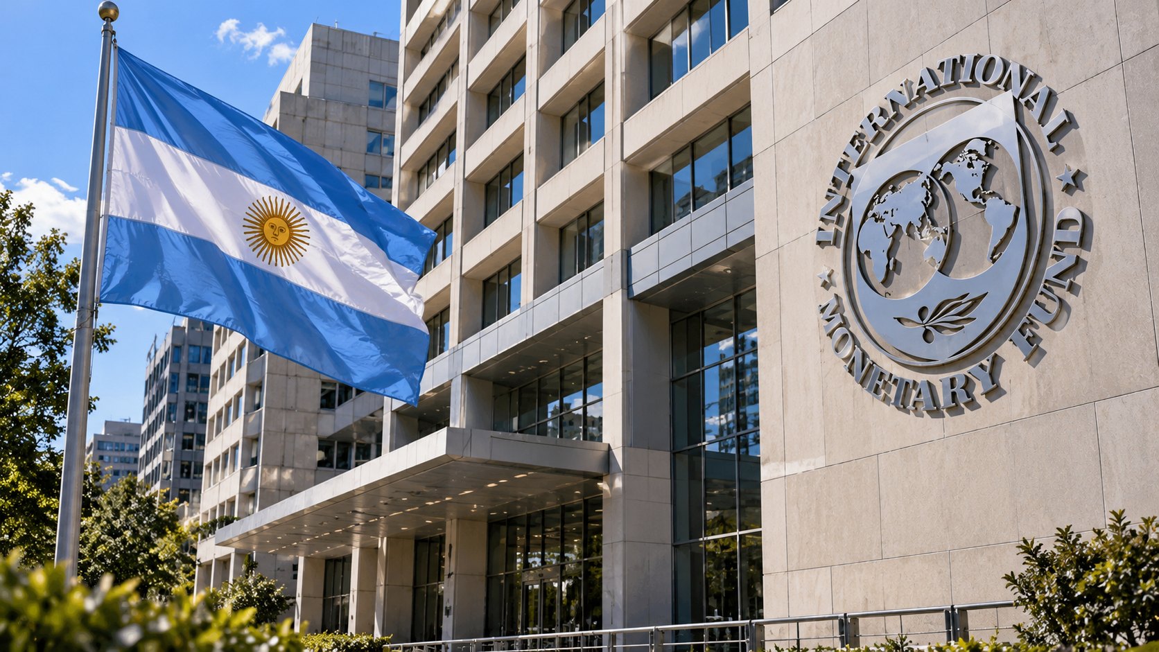 Ilustración editorial generada con IA: la fachada de la sede del Fondo Monetario Internacional en Washington, con el emblema del FMI, y una bandera argentina en un mástil en primer plano; composición representativa, no es una fotografía del día del anuncio.