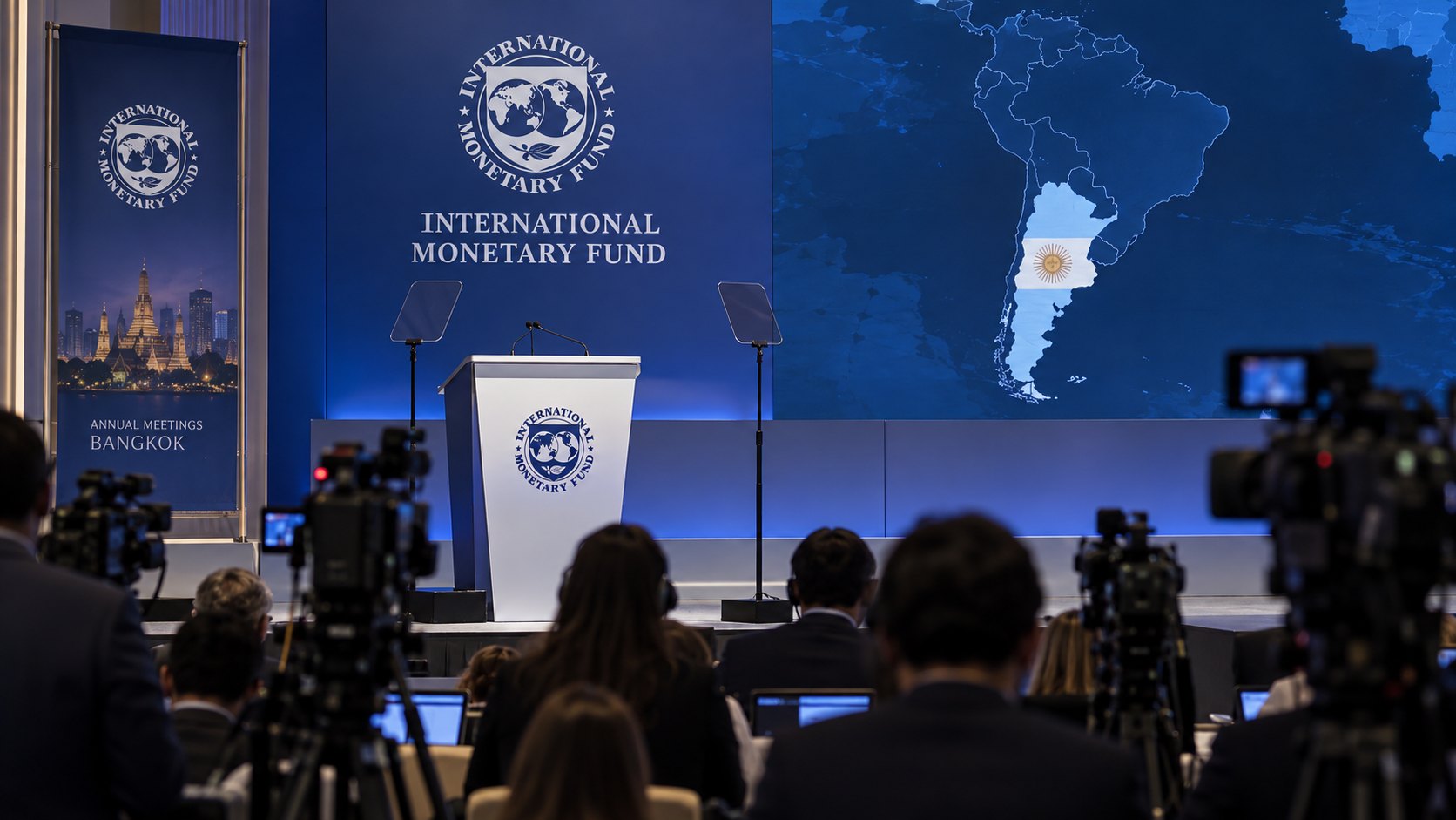 Ilustración editorial generada con IA: la sala de prensa de las Reuniones Anuales del FMI y el Banco Mundial en Bangkok, con el atril y el panel con el logo del Fondo Monetario Internacional, cámaras y periodistas de espaldas y una pantalla con el mapa de Sudamérica y la Argentina resaltada; composición conceptual, no es una fotografía de la presentación del 13 de octubre.