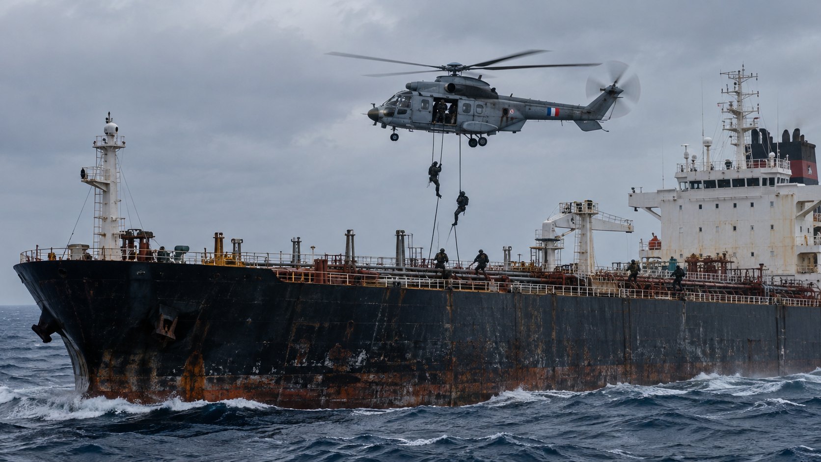 Ilustración editorial generada con IA: un helicóptero militar francés suspendido sobre un viejo petrolero de casco oxidado en el océano Índico mientras comandos descienden por cuerdas a la cubierta; composición conceptual, no es una fotografía del abordaje del DF Peak.
