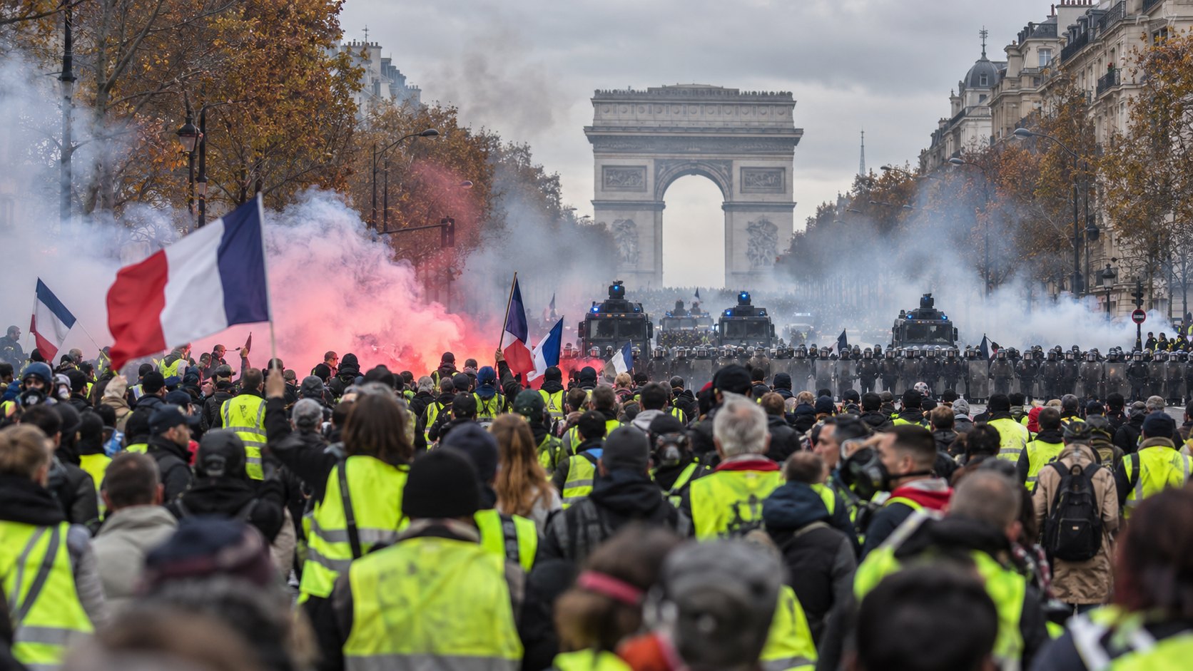 Ilustración editorial generada con IA: una multitud de manifestantes con chalecos amarillos y banderas de Francia avanza por una avenida de París entre humo de bengalas, frente a una línea de policías antidisturbios, con el Arco del Triunfo al fondo; composición conceptual, no es una fotografía de la marcha real.