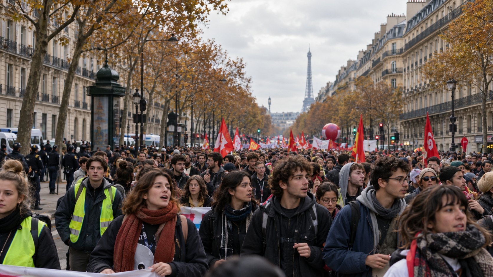 Ilustración editorial generada con IA: una multitud marcha por un bulevar de París con carteles sindicales, chalecos amarillos y estudiantes en primera fila, con la policía a lo lejos; composición conceptual, no es una fotografía de la marcha del 24 de octubre.