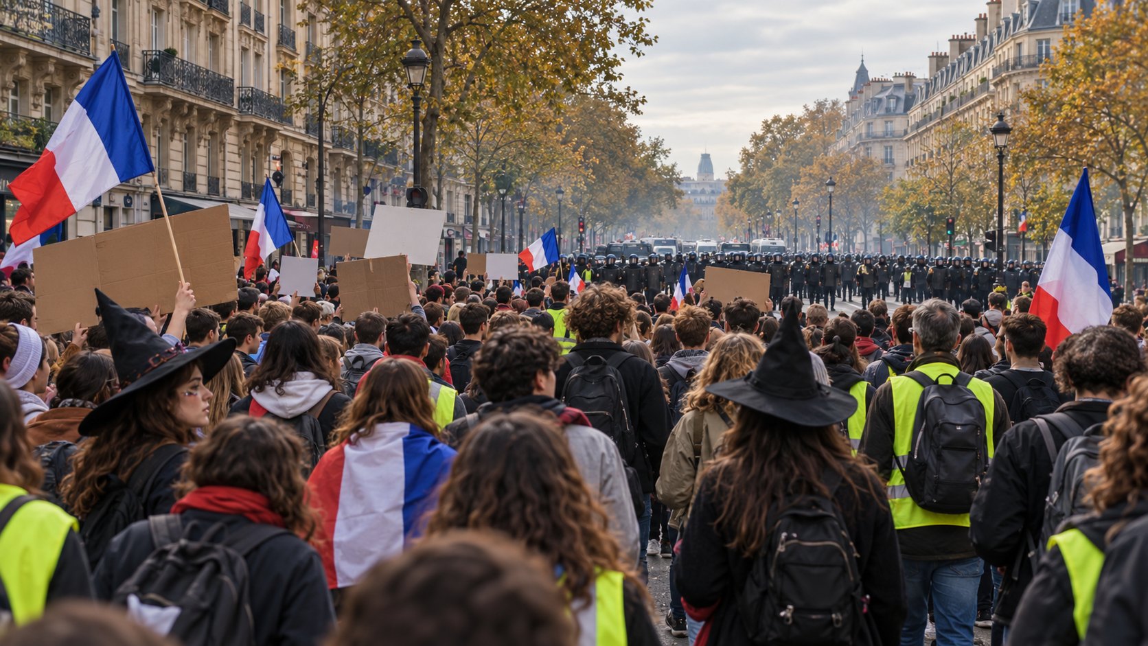 Ilustración editorial generada con IA: una marcha multitudinaria avanza por un bulevar de París con estudiantes adelante, chalecos amarillos, manifestantes disfrazados por Halloween y banderas de Francia, con policías antidisturbios al fondo; composición conceptual, no es una fotografía de la marcha del 31 de octubre.