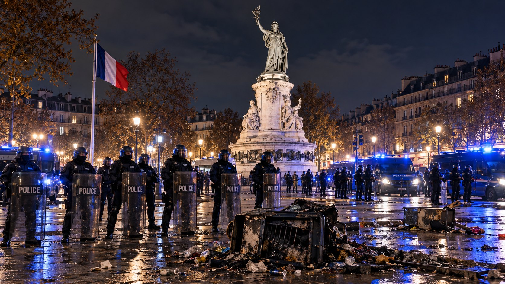 Ilustración editorial generada con IA: de noche, la plaza de la República de París con la estatua de Marianne iluminada, una línea de policías antidisturbios franceses con escudos que dicen POLICE, furgones con luces azules, una bandera de Francia y un contenedor quemado sobre el piso mojado; composición conceptual, no es una fotografía del toque de queda real.