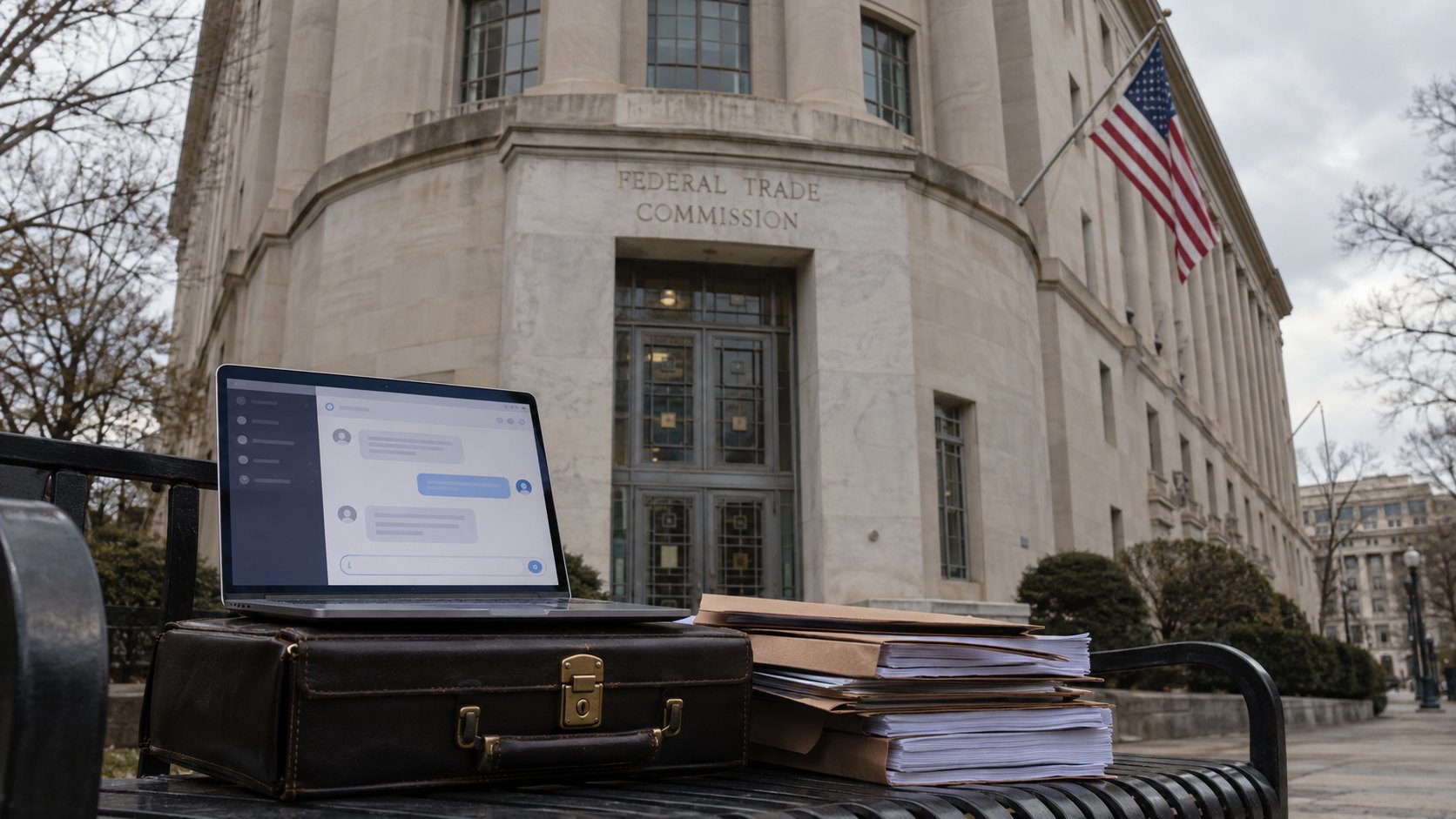 Ilustración editorial generada con IA: frente a la fachada de piedra de la sede de la Federal Trade Commission en Washington, con su nombre tallado sobre la entrada y una bandera de Estados Unidos, una laptop con una interfaz genérica de chat de IA apoyada sobre un maletín junto a una pila de carpetas en un banco; composición conceptual, no es una fotografía de la investigación.