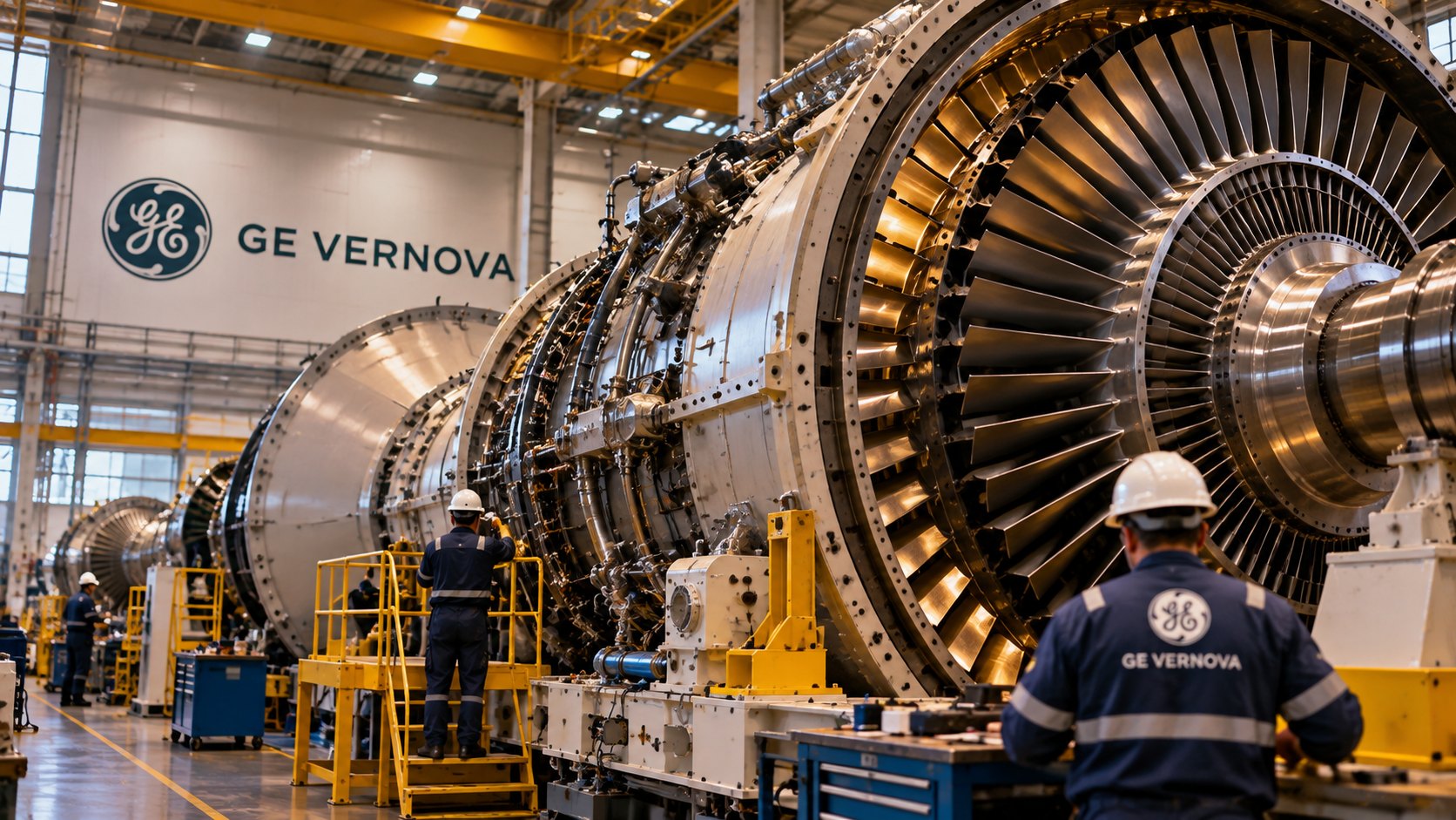 Ilustración editorial generada con IA: una turbina de gas industrial con la carcasa abierta en una nave de ensamblaje con el logo de GE Vernova en la pared, y operarios con casco de espaldas; composición conceptual, no es una fotografía de una planta identificada.