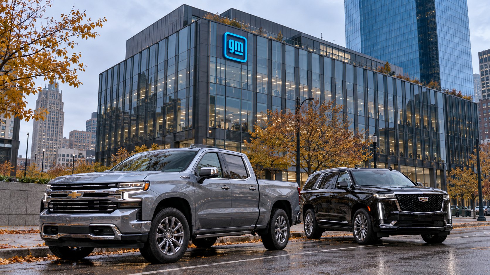 Ilustración editorial generada con IA: un edificio corporativo de vidrio con el logo azul de GM en la fachada, en una mañana nublada de otoño en Detroit, con una pickup Chevrolet Silverado gris y una Cadillac Escalade negra estacionadas en primer plano; composición conceptual, no es una fotografía de la sede real.