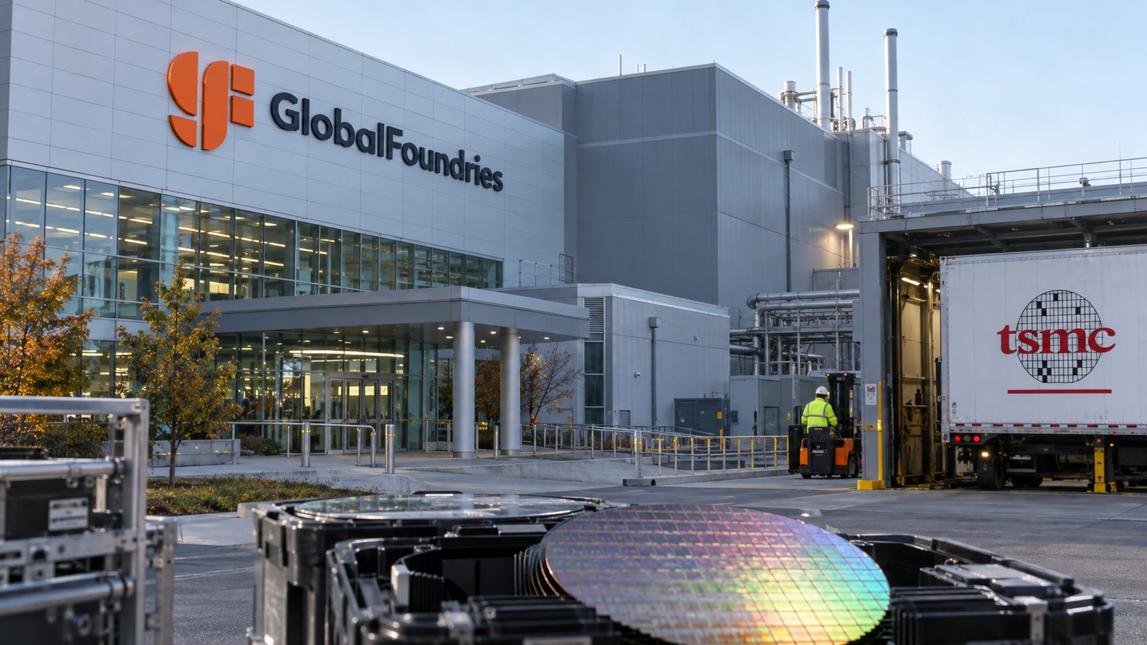 Ilustración editorial generada con IA: la fachada de una fábrica de semiconductores con el logotipo de GlobalFoundries, un camión con la marca de TSMC en el muelle de carga y obleas de silicio en primer plano; composición conceptual, no es una fotografía de la planta de Malta ni del acuerdo.