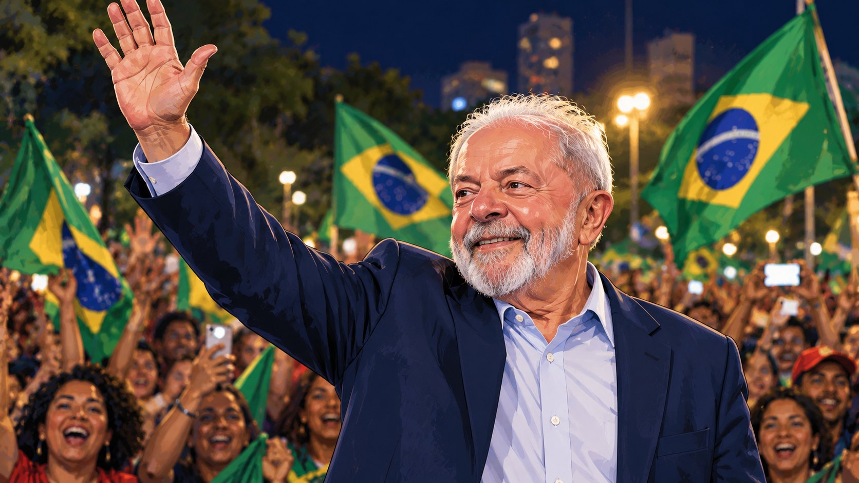 Ilustración editorial generada con IA: Luiz Inácio Lula da Silva saluda a simpatizantes con banderas de Brasil durante una celebración nocturna; composición representativa, no es una fotografía del festejo del 25 de octubre.