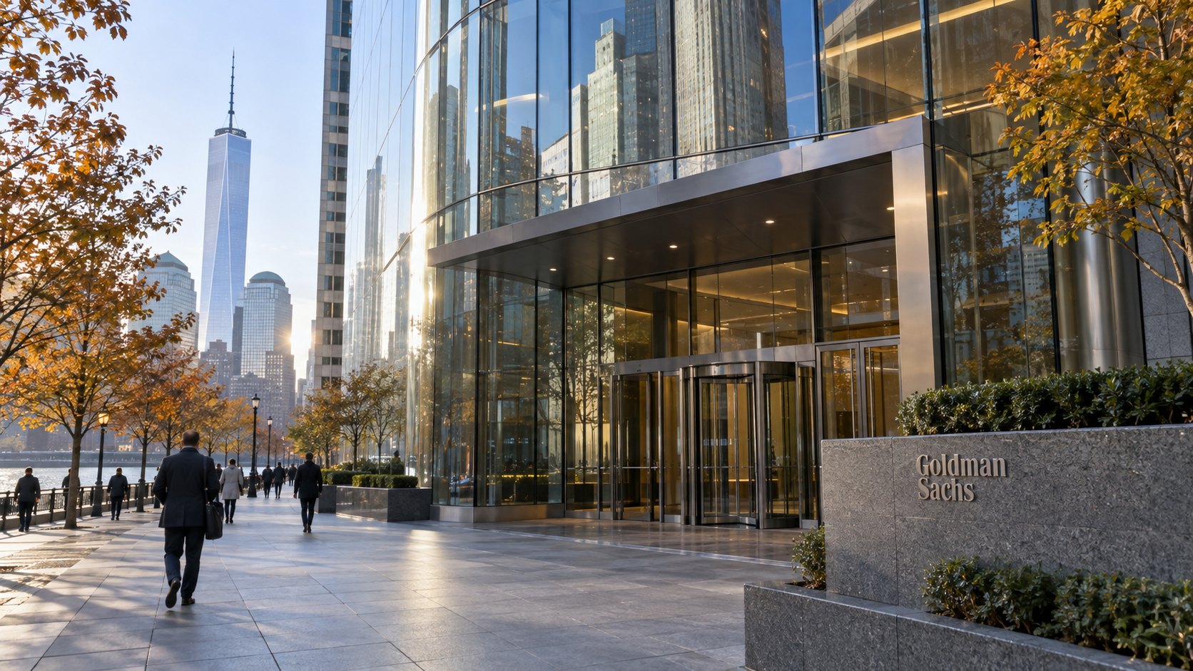 Ilustración editorial generada con IA: la entrada vidriada de la sede de Goldman Sachs en 200 West Street, Nueva York, con el nombre Goldman Sachs en una placa de piedra, peatones de espaldas, árboles otoñales y el One World Trade Center al fondo; composición conceptual, no es una fotografía del día.