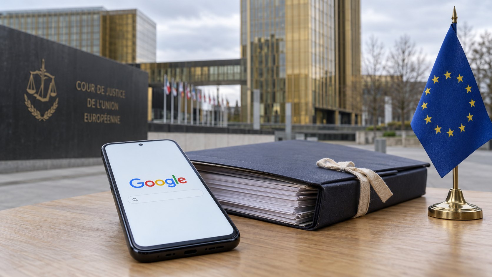 Ilustración editorial generada con IA: un teléfono Android con la página del buscador Google en la pantalla, sobre una mesa junto a un expediente atado con una cinta y una pequeña bandera de la Unión Europea, frente a un cartel del Tribunal de Justicia de la Unión Europea y torres de vidrio dorado al fondo; composición conceptual, no es una fotografía del recurso ni de la sede real.