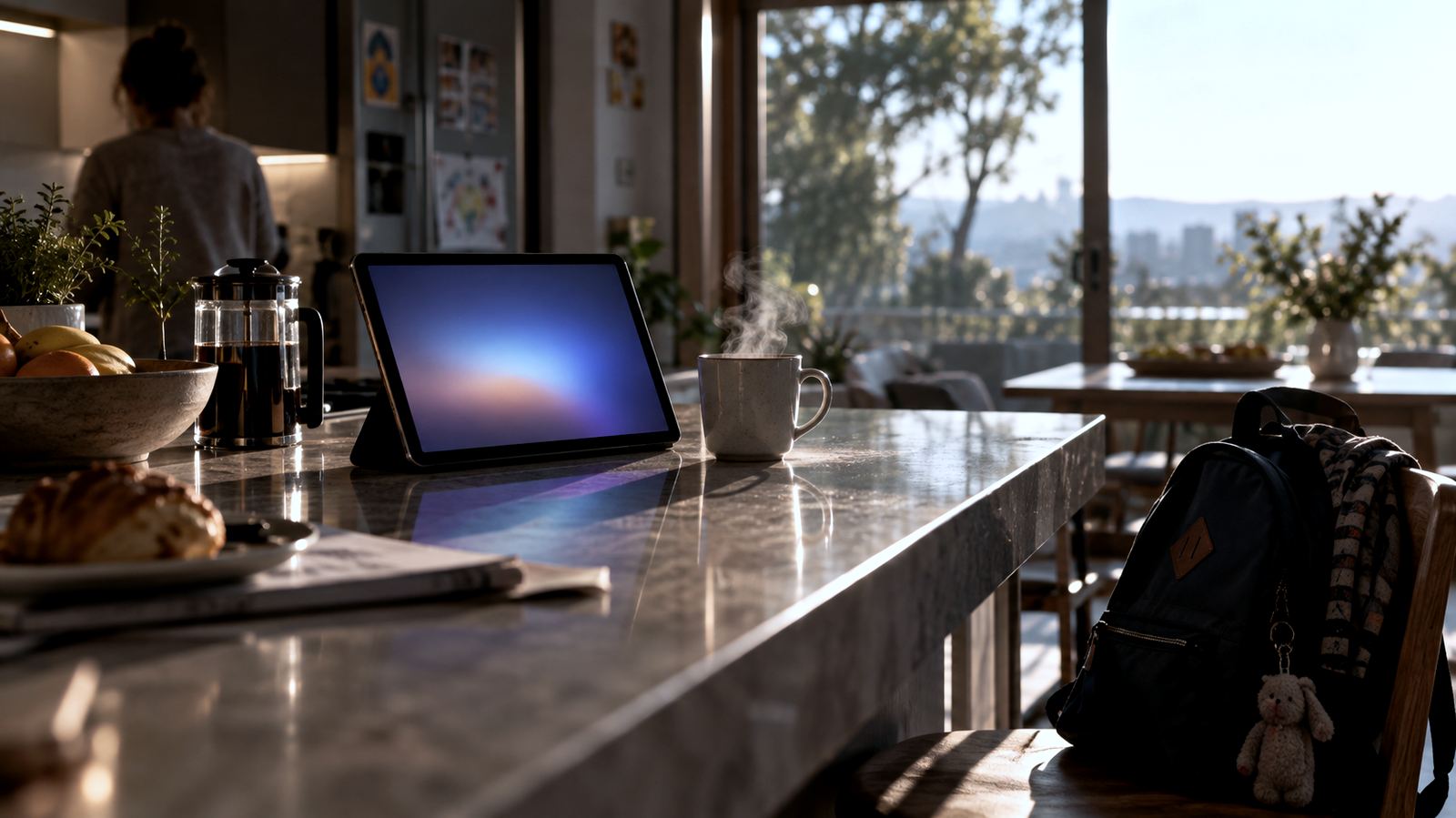 Mesada de cocina por la mañana con una tablet mostrando un resplandor suave, una taza de café y una mochila escolar